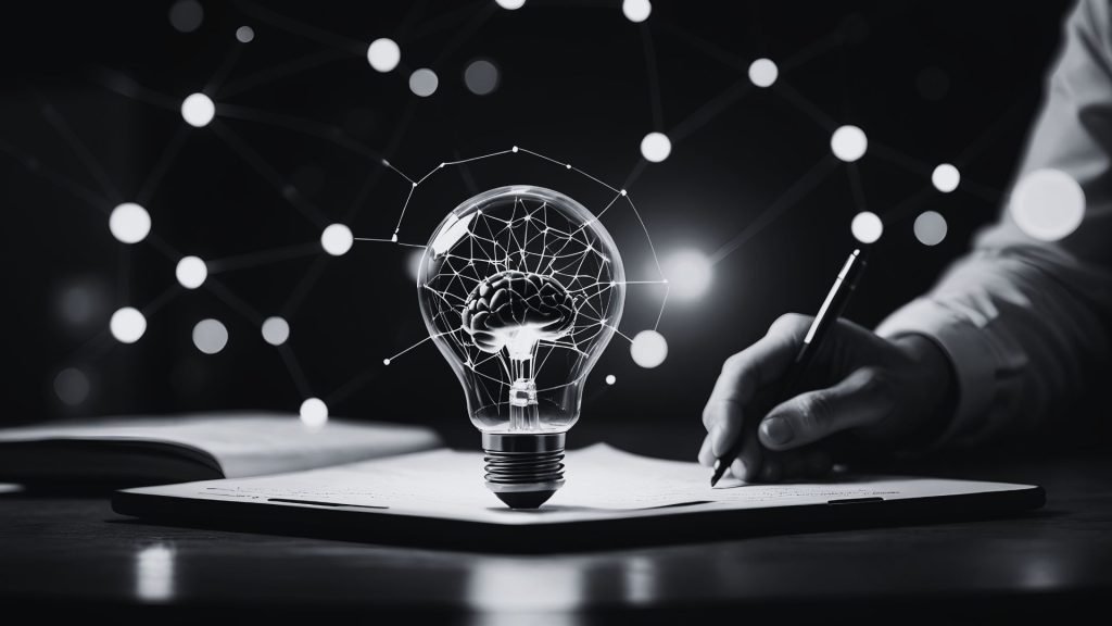 How to Stay Ahead of AI 3 Simple Ways to Keep Learning and Not Fall Behind - Black and white photo of a lightbulb with a brain inside