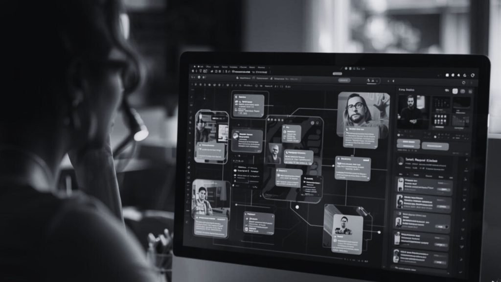 How I Used AI to Improve My Sales Conversations - Black and white photo of a woman looking at a computer screen with many chat conversations open