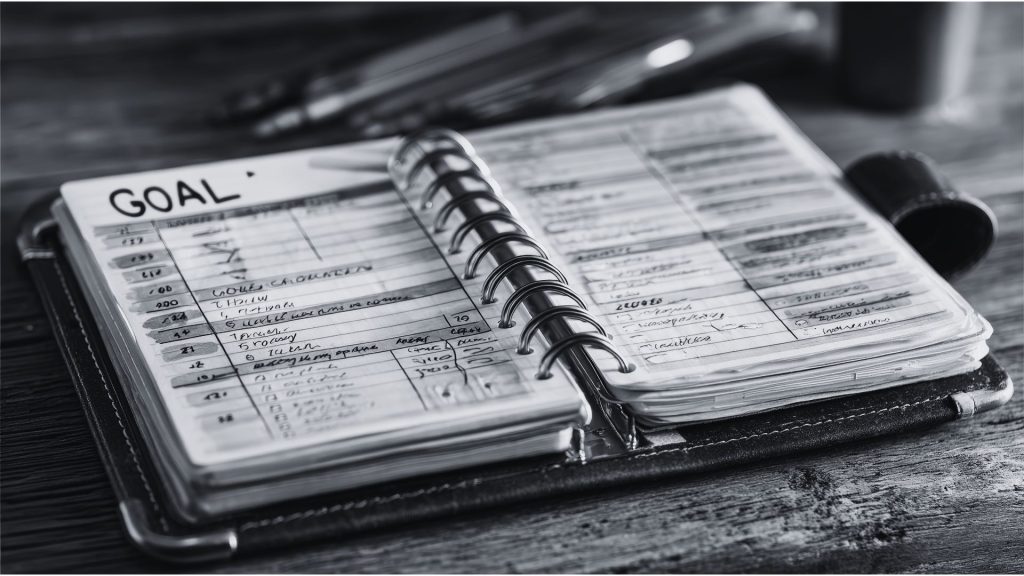 Why Most Planners Don't Work & How To Stay On track with the Priority Planner Black and white photo of a used planner all filled out with pen and postits
