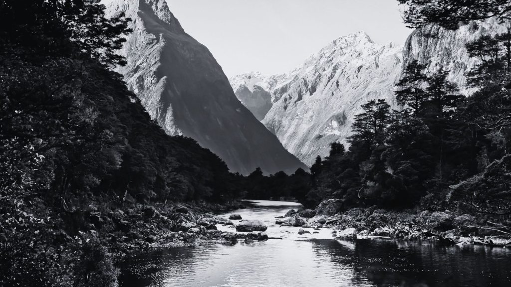 Stepping Into Your Potential How to Build the Next Chapter of Your Business - Black and white photo of a stream running between tall mountains