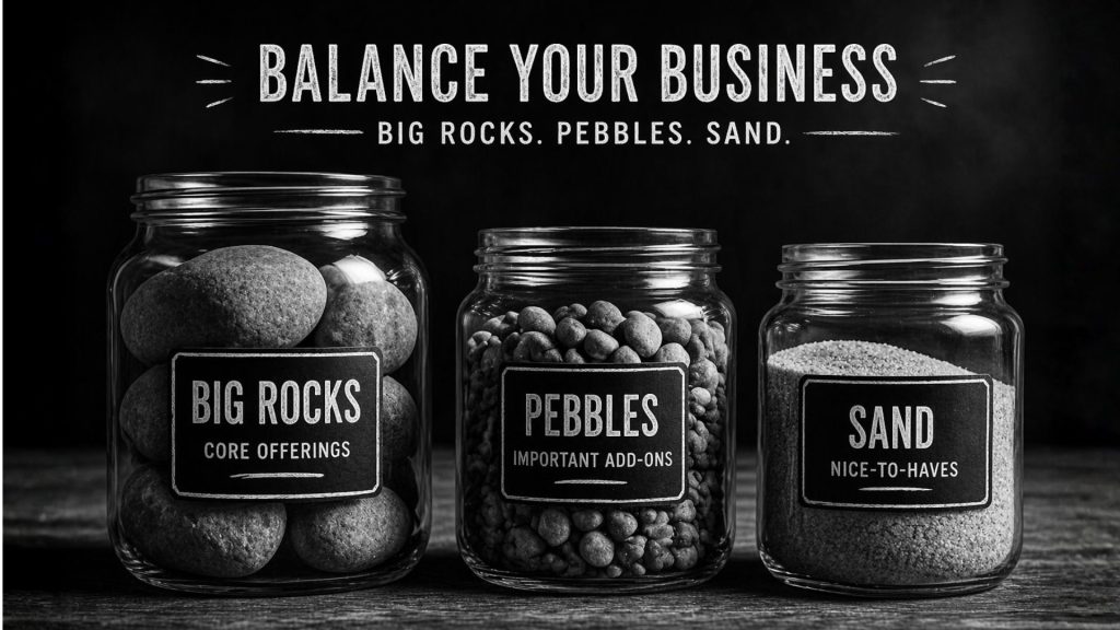Big Rocks, Pebbles & Sand Black and white photo of jars filled with big rocks, pebbles and sand and Balance Your Business