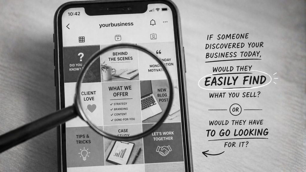 Can they tell what you sell Black and white image of a magnifying glass over instagram grid