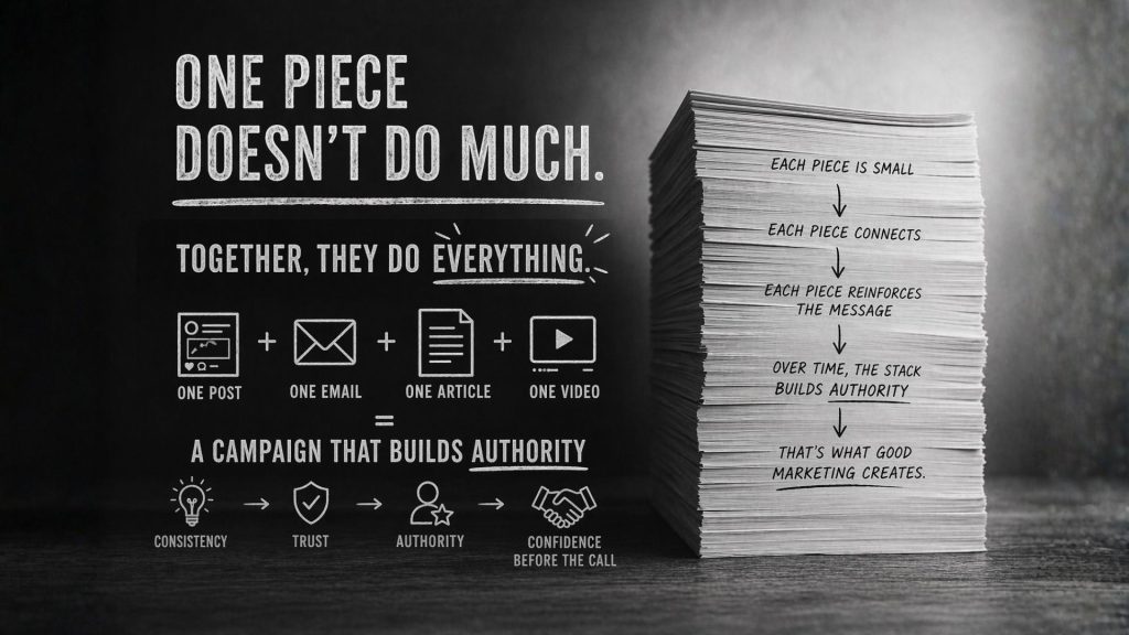 Marketing that stacks up Black and white infographic that details how marketing pieces work together